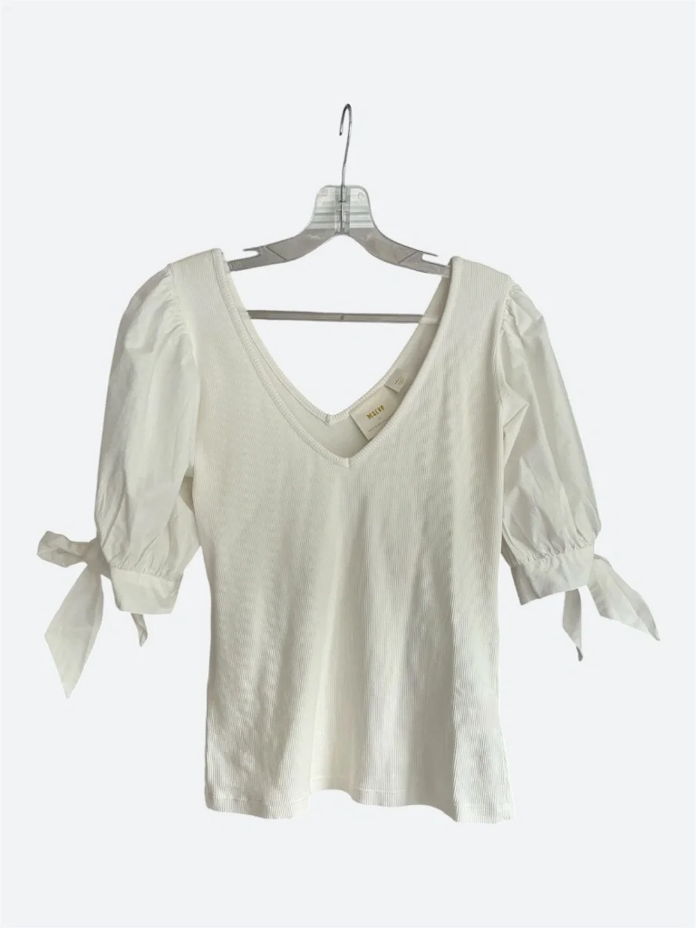 Anthropologie Maeve White Ribbed Cotton Knit V Neck Puff Sleeve Bow Top SZ S